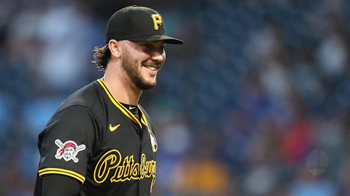 Aug 18, 2025; Pittsburgh, Pennsylvania, USA;  Pittsburgh Pirates starting pitcher Paul Skenes (30) reacts after pitching the fifth inning against the Toronto Blue Jays at PNC Park. Mandatory Credit: Charles LeClaire-Imagn Images