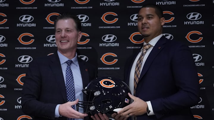Jan 31, 2022; Lake Forest, IL, USA; Chicago Bears-Head Coach Matt Eberflus (left) and new Bears