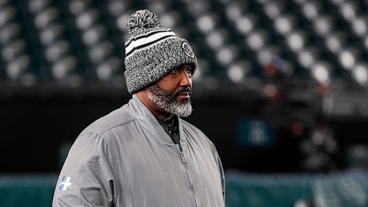 Detroit Lions general manager Brad Holmes watches warmups ahead of the Philadelphia Eagles game at Lincoln Financial Field in Philadelphia on Sunday, November 16, 2025.