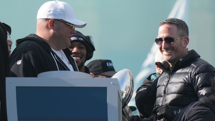 Feb 14, 2025; Philadelphia, PA, USA;  Philadelphia Eagles general manager Howie Roseman with the Vince Lombardi Trophy during the Super Bowl LIX championship parade and rally. 