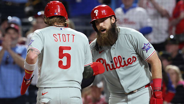 May 15, 2026; Pittsburgh, Pennsylvania, USA; Philadelphia Phillies second baseman Bryson Stott (5) and left fielder Brandon Marsh (right) celebrate after both players scored runs against the Pittsburgh Pirates during the tenth inning at PNC Park. May 15, 2026; Pittsburgh, Pennsylvania, USA; Philadelphia Phillies second baseman Bryson Stott (5) and left fielder Brandon Marsh (right) celebrate after both players scored runs against the Pittsburgh Pirates during the tenth inning at PNC Park.