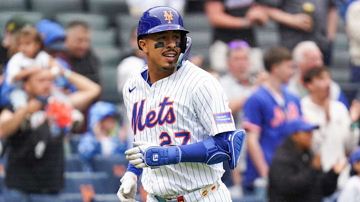 May 28, 2025; New York, New York, USA; New York Mets third baseman Mark Vientos (27) celebrates after hitting a home run during the third inning against the Chicago White Sox at Citi Field. Mandatory Credit: Lucas Boland-Imagn Images