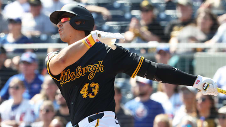 Sep 17, 2025; Pittsburgh, Pennsylvania, USA; Pittsburgh Pirates first baseman Rafael Flores (43) hits a double for his first major league hit in his major league debut against the Chicago Cubs during the third inning at PNC Park. Mandatory Credit: Charles LeClaire-Imagn Images Sep 17, 2025; Pittsburgh, Pennsylvania, USA; Pittsburgh Pirates first baseman Rafael Flores (43) hits a double for his first major league hit in his major league debut against the Chicago Cubs during the third inning at PNC Park. Mandatory Credit: Charles LeClaire-Imagn Images