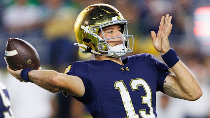 Notre Dame quarterback CJ Carr throws a pass in the second half of a NCAA football game against Texas A&M at Notre Dame Stadium on Saturday, Sept. 13, 2025, in South Bend. Notre Dame quarterback CJ Carr throws a pass in the second half of a NCAA football game against Texas A&M at Notre Dame Stadium on Saturday, Sept. 13, 2025, in South Bend.