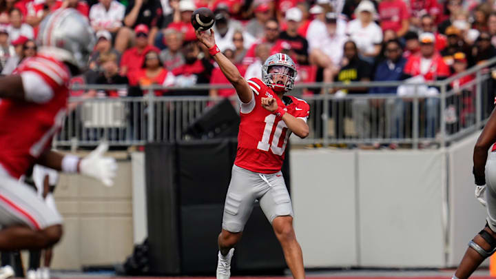 Ohio State Buckeyes quarterback Julian Sayin (10) throws during the first half of the NCAA football game against the Grambling State Tigers at Ohio Stadium on Sept. 6, 2025.