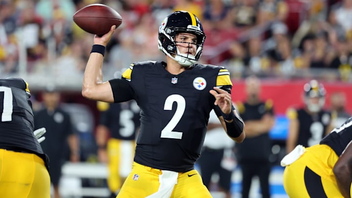 Aug 11, 2023; Tampa, Florida, USA; Pittsburgh Steelers quarterback Mason Rudolph (2) throws the ball against the Tampa Bay Buccaneers during the first half at Raymond James Stadium. Mandatory Credit: Kim Klement Neitzel-Imagn Images