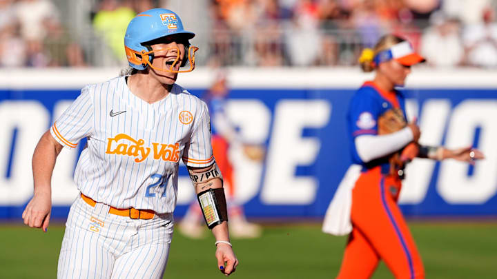 Tennessee's McKenna Gibson (24) celebrates a home run in the second inning during the Women's College World Series softball game between the Florida Gators and the Tennessee Volunteers at Devon Park in Oklahoma City, Friday, May, 30, 2025.