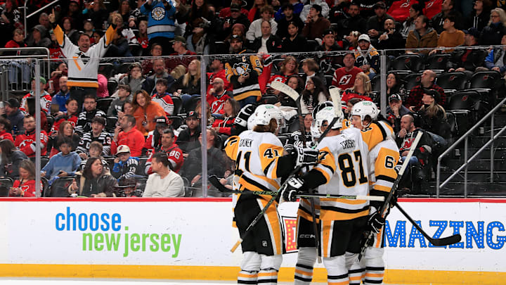 The Crosby Line celebrates goal during Pittsburgh Penguins v New Jersey Devils in 2024-2025 season