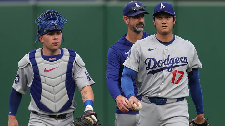Jun 10, 2026; Pittsburgh, Pennsylvania, USA;  Los Angeles Dodgers catcher Dalton Rushing (68) and two-way player Shohei Ohtani (17) make thier way in from the bullpen to play the Pittsburgh Pirates at PNC Park. Mandatory Credit: Charles LeClaire-Imagn Images