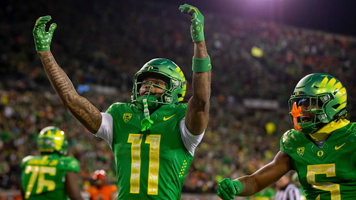 Oregon wide receiver Troy Franklin celebrates a touchdown as the No. 6 Oregon Ducks take on the No. 16 Oregon State Beavers Friday, Nov. 24, 2023, at Autzen Stadium in Eugene, Ore.
