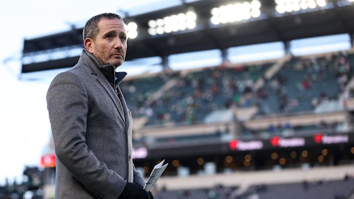 Jan 11, 2026; Philadelphia, PA, USA; Philadelphia Eagles general manager Howie Roseman looks on during warmups prior to an NFC Wild Card Round game against the San Francisco 49ers at Lincoln Financial Field. Mandatory Credit: Bill Streicher-Imagn Images Jan 11, 2026; Philadelphia, PA, USA; Philadelphia Eagles general manager Howie Roseman looks on during warmups prior to an NFC Wild Card Round game against the San Francisco 49ers at Lincoln Financial Field. Mandatory Credit: Bill Streicher-Imagn Images