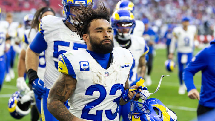 Dec 7, 2025; Glendale, Arizona, USA; Los Angeles Rams running back Kyren Williams (23) against the Arizona Cardinals at State Farm Stadium. Mandatory Credit: Mark J. Rebilas-Imagn Images Dec 7, 2025; Glendale, Arizona, USA; Los Angeles Rams running back Kyren Williams (23) against the Arizona Cardinals at State Farm Stadium. Mandatory Credit: Mark J. Rebilas-Imagn Images