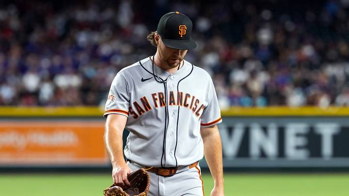 Jun 30, 2026; Phoenix, Arizona, USA; San Francisco Giants pitcher Landen Roupp reacts after being pulled from the game in the third inning against the Arizona Diamondbacks at Chase Field. Mandatory Credit: Mark J. Rebilas-Imagn Images