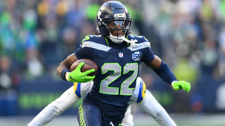 Seattle Seahawks wide receiver Rashid Shaheed (22) runs in the first half against the Los Angeles Rams.