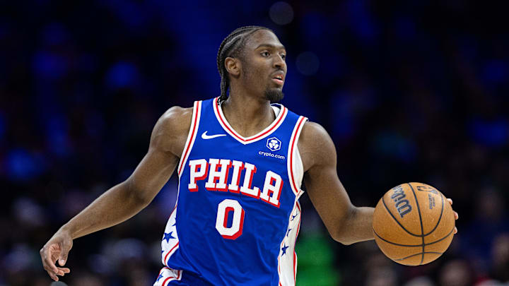 Feb 20, 2025; Philadelphia, Pennsylvania, USA; Philadelphia 76ers guard Tyrese Maxey (0) controls the ball against the Boston Celtics during the third quarter at Wells Fargo Center. Mandatory Credit: Bill Streicher-Imagn Images