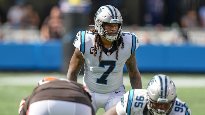 Sep 11, 2022; Charlotte, North Carolina, USA; Carolina Panthers linebacker Shaq Thompson (7) eyes the Cleveland Browns offense during the second half at Bank of America Stadium. Mandatory Credit: Jim Dedmon-Imagn Images