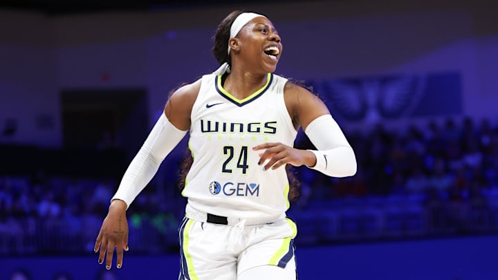 Jul 17, 2024; Arlington, Texas, USA; Dallas Wings guard Arike Ogunbowale (24) reacts during the game against the Indiana Fever at College Park Center. Mandatory Credit: Kevin Jairaj-Imagn Images Jul 17, 2024; Arlington, Texas, USA; Dallas Wings guard Arike Ogunbowale (24) reacts during the game against the Indiana Fever at College Park Center. Mandatory Credit: Kevin Jairaj-Imagn Images