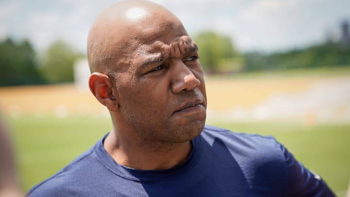 Tennessee Titans pass game coordinator/quarterbacks Charles London speaks before an OTA practice at Ascension Saint Thomas Sports Park in Nashville, Tenn., Wednesday, May 31, 2023.