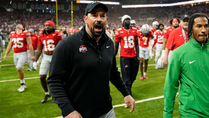 Ohio State Buckeyes head coach Ryan Day yells for his players to stop while leaving the field following the Big Ten Conference championship game against the Indiana Hoosiers at Lucas Oil Stadium in Indianapolis on Dec. 6, 2025. Ohio State lost 13-10. Ohio State Buckeyes head coach Ryan Day yells for his players to stop while leaving the field following the Big Ten Conference championship game against the Indiana Hoosiers at Lucas Oil Stadium in Indianapolis on Dec. 6, 2025. Ohio State lost 13-10.