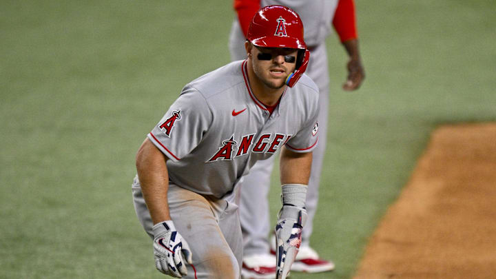 Apr 15, 2025; Arlington, Texas, USA; Los Angeles Angels right fielder Mike Trout leads off from third base during the fourth inning against the Texas Rangers at Globe Life Field. All MLB players will be wearing the number 42 on Jackie Robinson Day to commemorate Robinson making his major league debut in 1947. Mandatory Credit: Jerome Miron-Imagn Images Apr 15, 2025; Arlington, Texas, USA; Los Angeles Angels right fielder Mike Trout leads off from third base during the fourth inning against the Texas Rangers at Globe Life Field. All MLB players will be wearing the number 42 on Jackie Robinson Day to commemorate Robinson making his major league debut in 1947. Mandatory Credit: Jerome Miron-Imagn Images