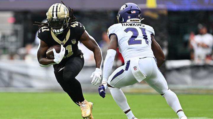 Sep 20, 2026; Baltimore, Maryland, USA; New Orleans Saints running back Alvin Kamara (41) runs with the ball while defended by Baltimore Ravens safety Jaylinn Hawkins (21) in the first quarter at M&T Bank Stadium. Mandatory Credit: Jamie Sabau-Imagn Images Sep 20, 2026; Baltimore, Maryland, USA; New Orleans Saints running back Alvin Kamara (41) runs with the ball while defended by Baltimore Ravens safety Jaylinn Hawkins (21) in the first quarter at M&T Bank Stadium. Mandatory Credit: Jamie Sabau-Imagn Images