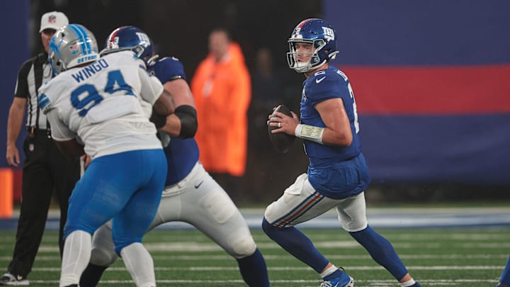 Aug 8, 2024; East Rutherford, New Jersey, USA; New York Giants quarterback Drew Lock (2) throws the ball during the first half against the Detroit Lions at MetLife Stadium. Mandatory Credit: Vincent Carchietta-USA TODAY Sports