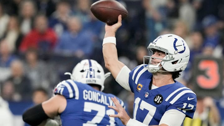 Indianapolis Colts quarterback Daniel Jones (17) passes the ball Sunday, Nov. 30, 2025, during a game against the Houston Texans at Lucas Oil Stadium in Indianapolis.