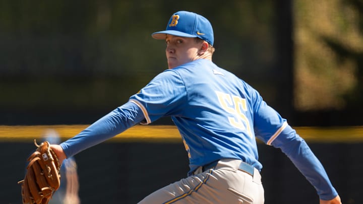 UCLA pitcher Michael Barnett throws against Oregon during the first inning at PK Park in Eugene April 19, 2025 UCLA pitcher Michael Barnett throws against Oregon during the first inning at PK Park in Eugene April 19, 2025