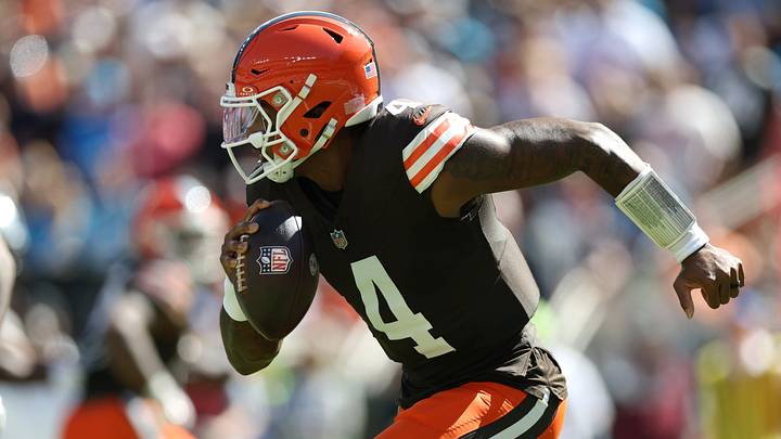 Sep 27, 2026; Cleveland, Ohio, USA; Cleveland Browns quarterback Deshaun Watson (4) scrambles with the ball against the Carolina Panthers during the first quarter at Huntington Bank Field. Mandatory Credit: Scott Galvin-Imagn Images Sep 27, 2026; Cleveland, Ohio, USA; Cleveland Browns quarterback Deshaun Watson (4) scrambles with the ball against the Carolina Panthers during the first quarter at Huntington Bank Field. Mandatory Credit: Scott Galvin-Imagn Images