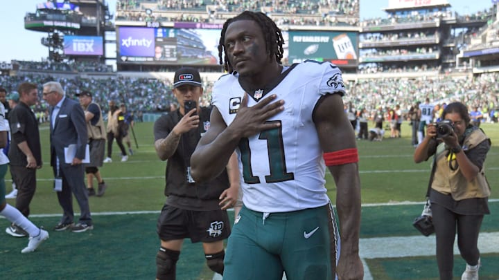 Sep 21, 2025; Philadelphia, Pennsylvania, USA; Philadelphia Eagles wide receiver AJ. Brown (11) walks off the field after win against the Los Angeles Rams at Lincoln Financial Field. 