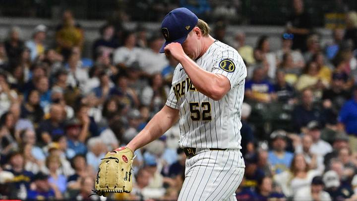 Sep 12, 2026; Milwaukee, Wisconsin, USA;  Milwaukee Brewers pitcher Kyle Harrison (52) walks off the mound after a pitching change in the eighth inning against the Cincinnati Reds at American Family Field.  Mandatory Credit: Benny Sieu-Imagn Images