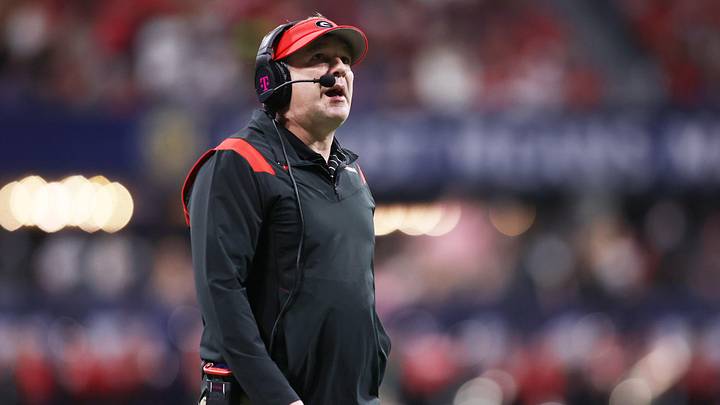Dec 3, 2022; Atlanta, GA, USA; Georgia Bulldogs head coach Kirby Smart looks on during the second quarter against the LSU Tigers at Mercedes-Benz Stadium. Mandatory Credit: Brett Davis-Imagn Images