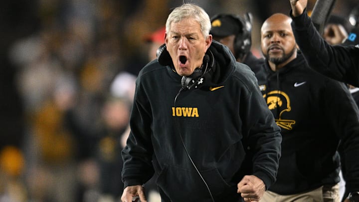 Nov 11, 2023; Iowa City, Iowa, USA; Iowa Hawkeyes head coach Kirk Ferentz reacts during the fourth quarter against the Rutgers Scarlet Knights at Kinnick Stadium. Mandatory Credit: Jeffrey Becker-Imagn Images Nov 11, 2023; Iowa City, Iowa, USA; Iowa Hawkeyes head coach Kirk Ferentz reacts during the fourth quarter against the Rutgers Scarlet Knights at Kinnick Stadium. Mandatory Credit: Jeffrey Becker-Imagn Images