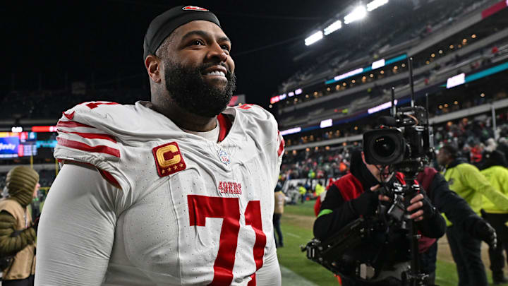 Jan 11, 2026; Philadelphia, PA, USA; San Francisco 49ers offensive tackle Trent Williams (71) walks off the field after win against the Philadelphia Eagles in an NFC Wild Card Round game at Lincoln Financial Field. Mandatory Credit: Eric Hartline-Imagn Images Jan 11, 2026; Philadelphia, PA, USA; San Francisco 49ers offensive tackle Trent Williams (71) walks off the field after win against the Philadelphia Eagles in an NFC Wild Card Round game at Lincoln Financial Field. Mandatory Credit: Eric Hartline-Imagn Images