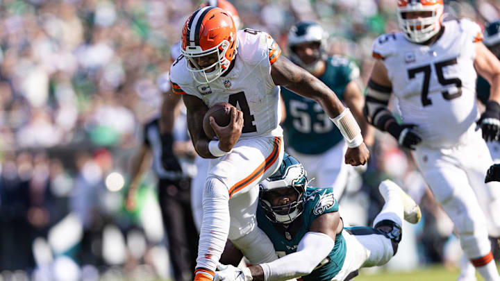 Oct 13, 2024; Philadelphia, Pennsylvania, USA; Cleveland Browns quarterback Deshaun Watson (4) is tackled by Philadelphia Eagles linebacker Josh Sweat (19) during the fourth quarter at Lincoln Financial Field. Mandatory Credit: Bill Streicher-Imagn Images Oct 13, 2024; Philadelphia, Pennsylvania, USA; Cleveland Browns quarterback Deshaun Watson (4) is tackled by Philadelphia Eagles linebacker Josh Sweat (19) during the fourth quarter at Lincoln Financial Field. Mandatory Credit: Bill Streicher-Imagn Images