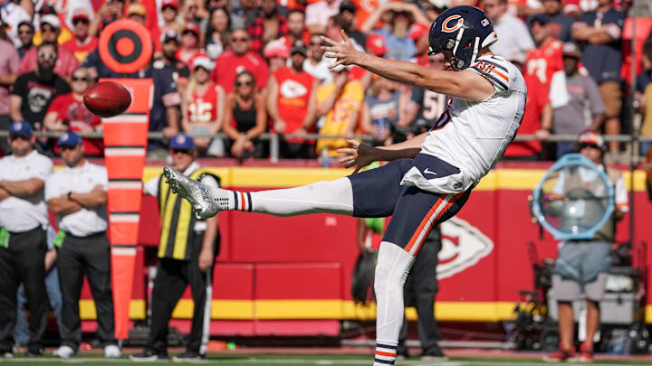 Sep 24, 2023; Kansas City, Missouri, USA; Chicago Bears punter Trenton Gill (16) punts the ball
