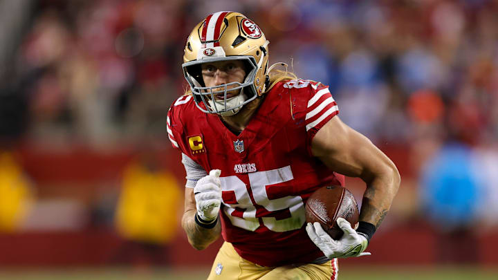 Dec 30, 2024; Santa Clara, California, USA; San Francisco 49ers tight end George Kittle (85) during the game against the Detroit Lions at Levi's Stadium. Mandatory Credit: Sergio Estrada-Imagn Images Dec 30, 2024; Santa Clara, California, USA; San Francisco 49ers tight end George Kittle (85) during the game against the Detroit Lions at Levi's Stadium. Mandatory Credit: Sergio Estrada-Imagn Images