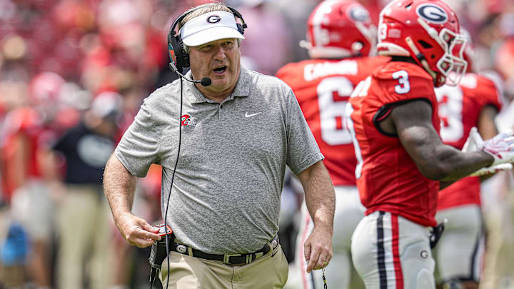 Apr 18, 2026; Athens, GA, USA; Georgia Bulldogs head coach Kirby Smart shown on the field during the Georgia Spring football game at Sanford Stadium. Mandatory Credit: Dale Zanine-Imagn Images