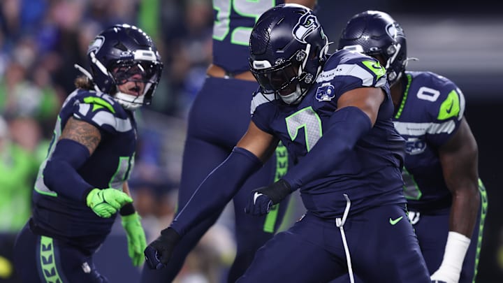 Oct 20, 2025; Seattle, Washington, USA; Seattle Seahawks linebacker Uchenna Nwosu (7) celebrates after tackling Houston Texans quarterback C.J. Stroud (7) for a loss during the first quarter at Lumen Field. Oct 20, 2025; Seattle, Washington, USA; Seattle Seahawks linebacker Uchenna Nwosu (7) celebrates after tackling Houston Texans quarterback C.J. Stroud (7) for a loss during the first quarter at Lumen Field.