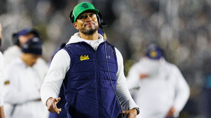 Notre Dame head coach Marcus Freeman looks on during the first half of a NCAA football game against Navy at Notre Dame Stadium on Saturday, Nov. 8, 2025, in South Bend.