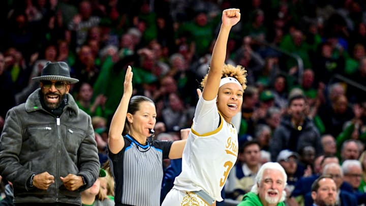 Notre Dame Fighting Irish guard Hannah Hidalgo reacts after a three-point basket against the Duke Blue Devils. Notre Dame Fighting Irish guard Hannah Hidalgo reacts after a three-point basket against the Duke Blue Devils.