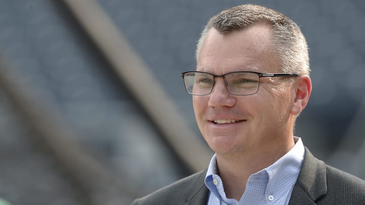 Jun 6, 2023; Pittsburgh, Pennsylvania, USA;  Pittsburgh Pirates general manager Ben Cherington looks on during batting practice before the Pirates play the Oakland Athletics at PNC Park. Mandatory Credit: Charles LeClaire-Imagn Images