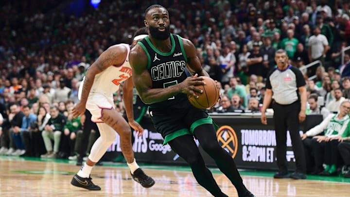 May 14, 2025; Boston, Massachusetts, USA; Boston Celtics guard Jaylen Brown (7) drives to the basket in the second half during game five of the second round for the 2025 NBA Playoffs against the New York Knicks at TD Garden. Mandatory Credit: Bob DeChiara-Imagn Images