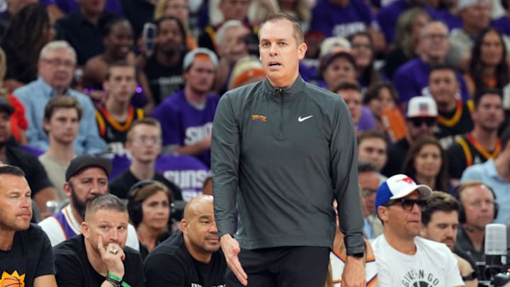 Apr 28, 2024; Phoenix, Arizona, USA; Phoenix Suns head coach Frank Vogel looks on Monday during the Apr 28, 2024; Phoenix, Arizona, USA; Phoenix Suns head coach Frank Vogel looks on Monday during the