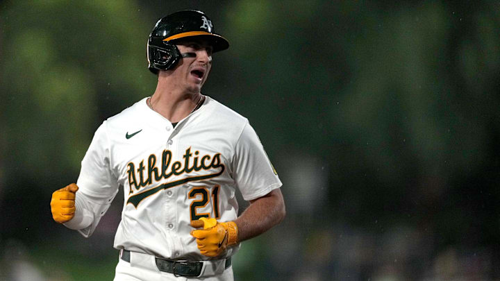 Sep 24, 2025; West Sacramento, California, USA; Athletics left fielder Tyler Soderstrom (21) jogs towards third base after hitting a home run against the Houston Astros in the seventh inning at Sutter Health Park. Mandatory Credit: Cary Edmondson-Imagn Images