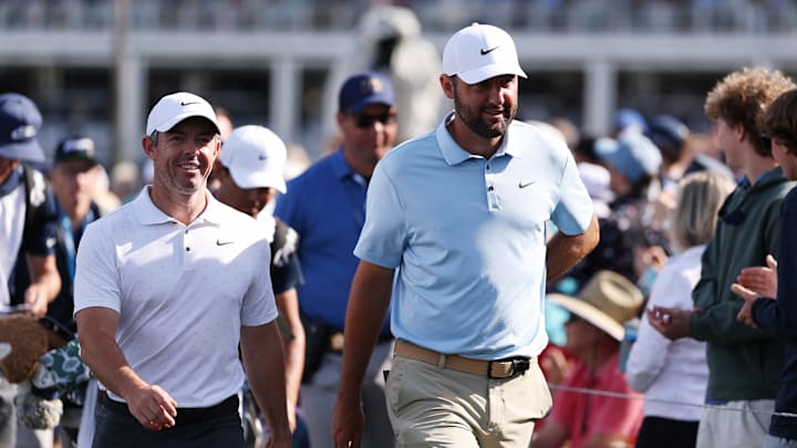 Rory McIlroy and Scottie Scheffler during the second round of the 2025 Players Championship