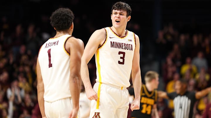 Jan 6, 2026; Minneapolis, Minnesota, USA; Minnesota Golden Gophers forward Bobby Durkin (3) celebrates against the Iowa Hawkeyes during the second half at Williams Arena. Jan 6, 2026; Minneapolis, Minnesota, USA; Minnesota Golden Gophers forward Bobby Durkin (3) celebrates against the Iowa Hawkeyes during the second half at Williams Arena.