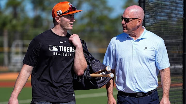 Detroit Tigers infielder Jace Jung, left, talks to vice president and senior advisor to president and general manager Scott Bream during spring training at TigerTown in Lakeland, Fla. on Saturday, Feb. 15, 2025. Detroit Tigers infielder Jace Jung, left, talks to vice president and senior advisor to president and general manager Scott Bream during spring training at TigerTown in Lakeland, Fla. on Saturday, Feb. 15, 2025.