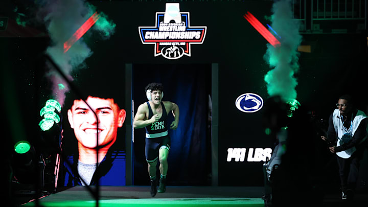 Penn State Nittany Lions wrestler Beau Bartlett enters the arena before his 2024 NCAA championship match with Ohio State Buckeyes wrestler Jesse Mendez.