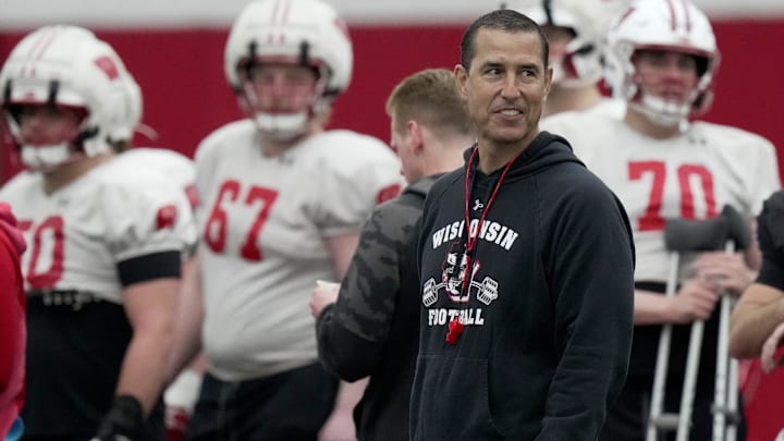 Wisconsin head football coach Luke Fickell is shown during spring football practice Thursday, April 3, 2025 in Madison, Wisconsin. Mark Hoffman/Milwaukee Journal Sentinel